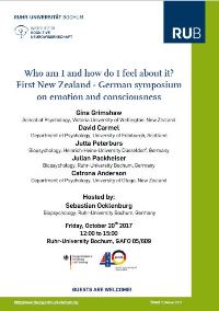 "Who am I and how do I feel about it? - First New Zealand - German symposium on emotion and consciousness" on Friday 20.10.2017